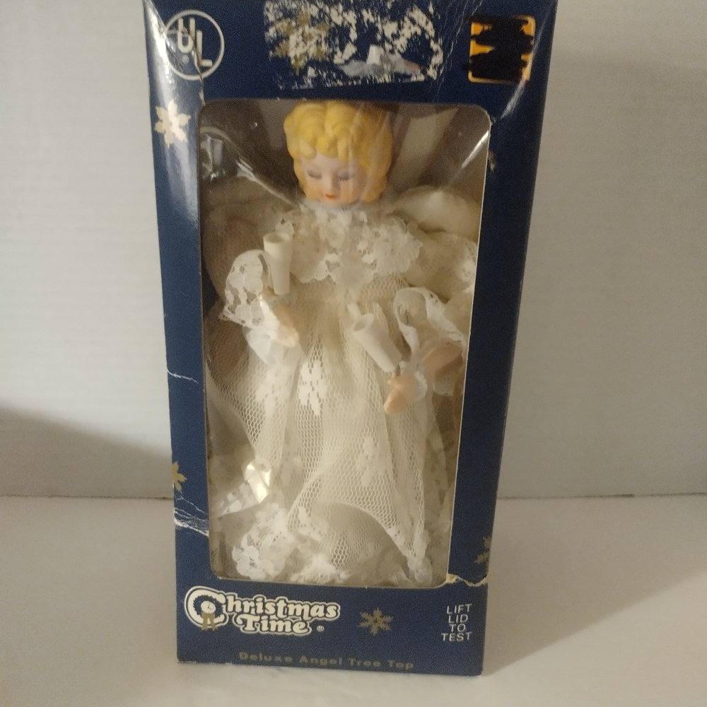Vintage Christmas Lighted 9" Angel Tree Topper Lace Satin In Original Box